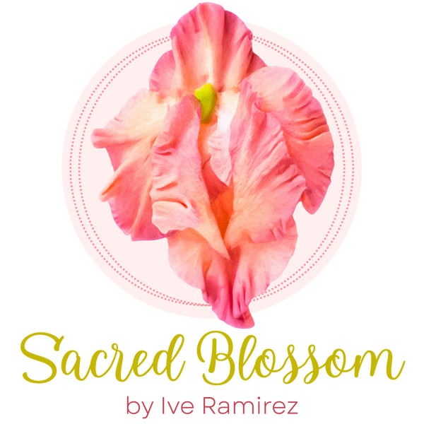 Floral design with 'Sacred Blossom by Ive Ramirez' text on a white background